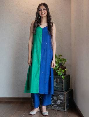 Blue green colorblock chanderi kurta set, stitched 2