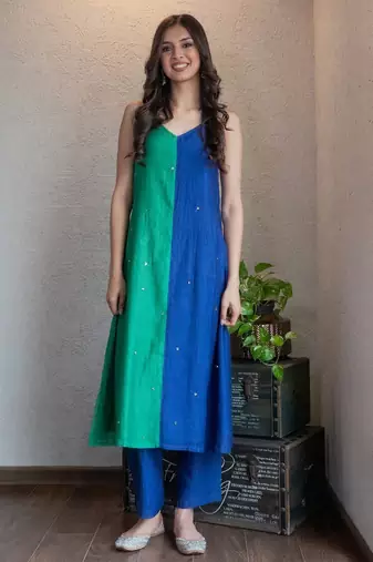 Blue green colorblock chanderi kurta set, stitched