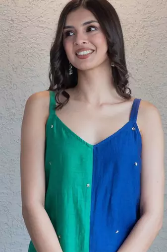 Blue green colorblock chanderi kurta set, stitched