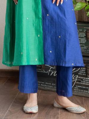 Blue green colorblock chanderi kurta set, stitched 4
