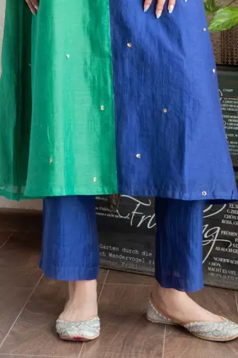 Blue green colorblock chanderi kurta set, stitched
