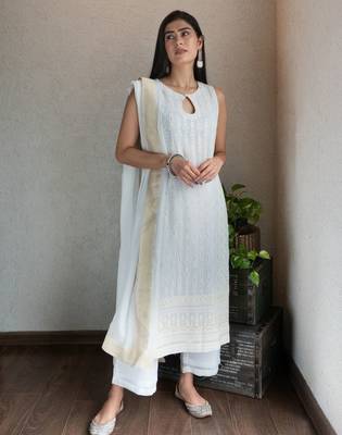 Off-white chikankari kurta set with georgette pants & dupatta, stitched 1