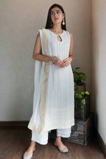 Off-white chikankari kurta set with georgette pants & dupatta, stitched