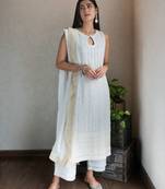 Off-white chikankari kurta set with georgette pants & dupatta, stitched