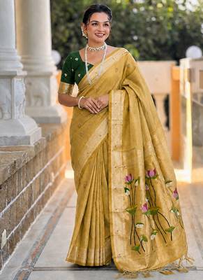 Lemon cotton silk saree with colorful floral weaving pallu with blouse 1