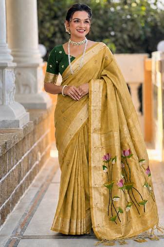 Lemon cotton silk saree with colorful floral weaving pallu with blouse