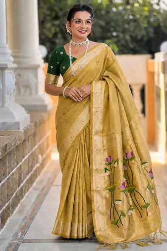 Lemon cotton silk saree with colorful floral weaving pallu with blouse