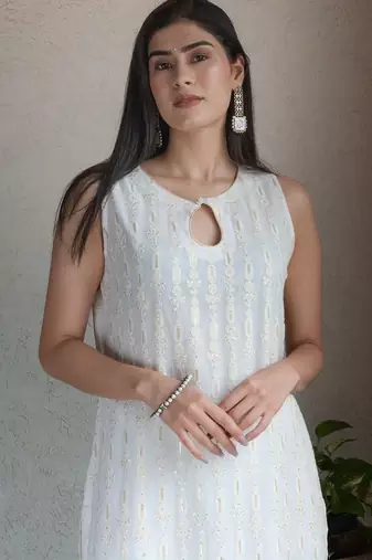 Off-white chikankari kurta set with georgette pants & dupatta, stitched