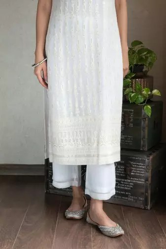 Off-white chikankari kurta set with georgette pants & dupatta, stitched