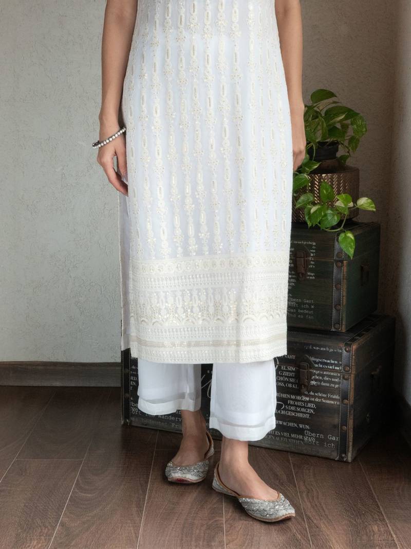Off-white chikankari kurta set with georgette pants & dupatta, stitched
