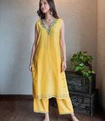 Yellow chanderi mirrorwork kurta set with pants, stitched