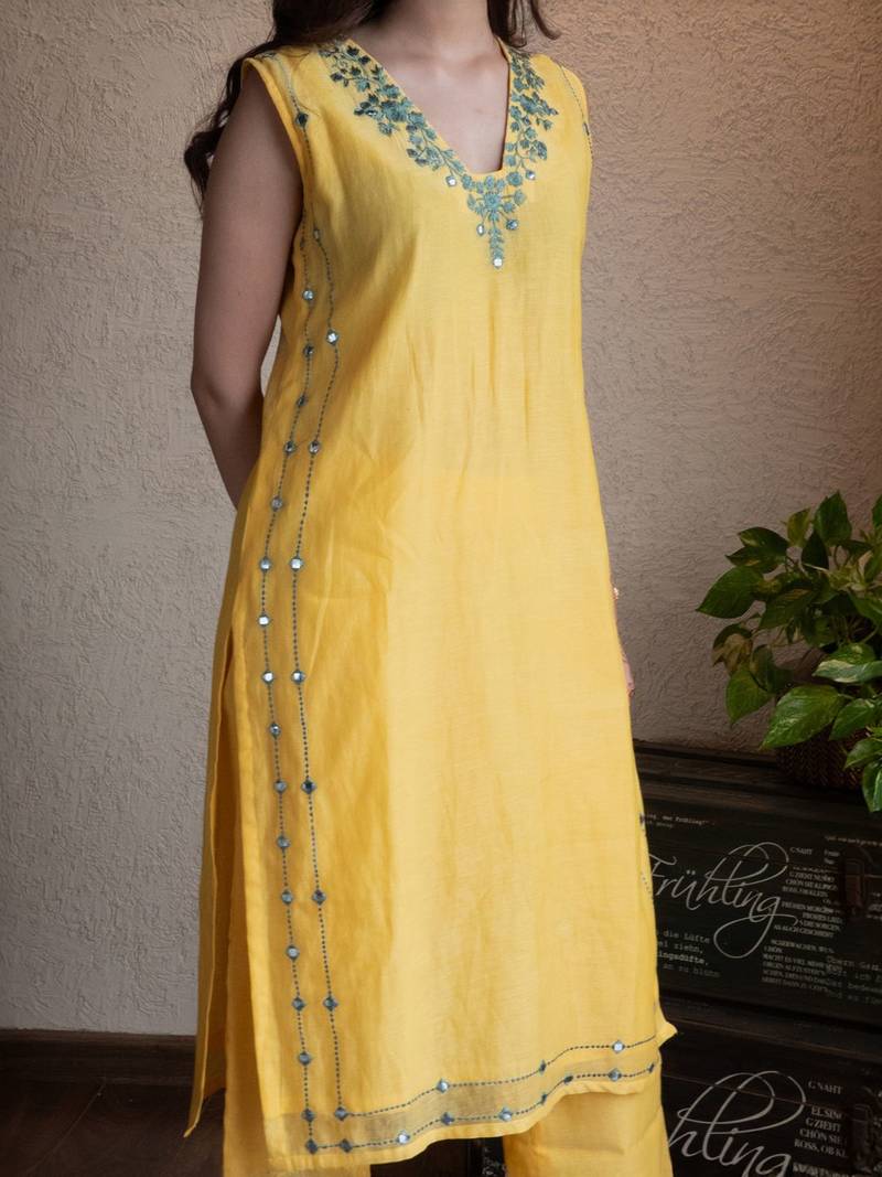 Yellow chanderi mirrorwork kurta set with pants, stitched
