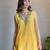 Yellow chanderi mirrorwork kurta set with pants, stitched
