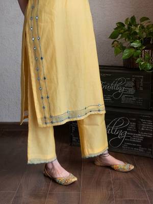 Yellow chanderi mirrorwork kurta set with pants, stitched 4
