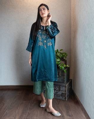 Teal mashru embroidered kurta set with wide-leg pants, stitched 1