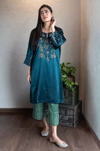 Teal mashru embroidered kurta set with wide-leg pants, stitched