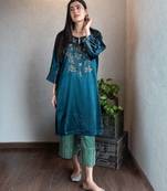 Teal mashru embroidered kurta set with wide-leg pants, stitched
