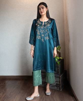 Teal mashru embroidered kurta set with wide-leg pants, stitched 2