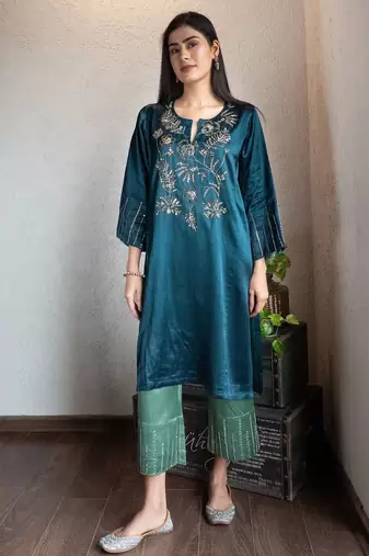 Teal mashru embroidered kurta set with wide-leg pants, stitched