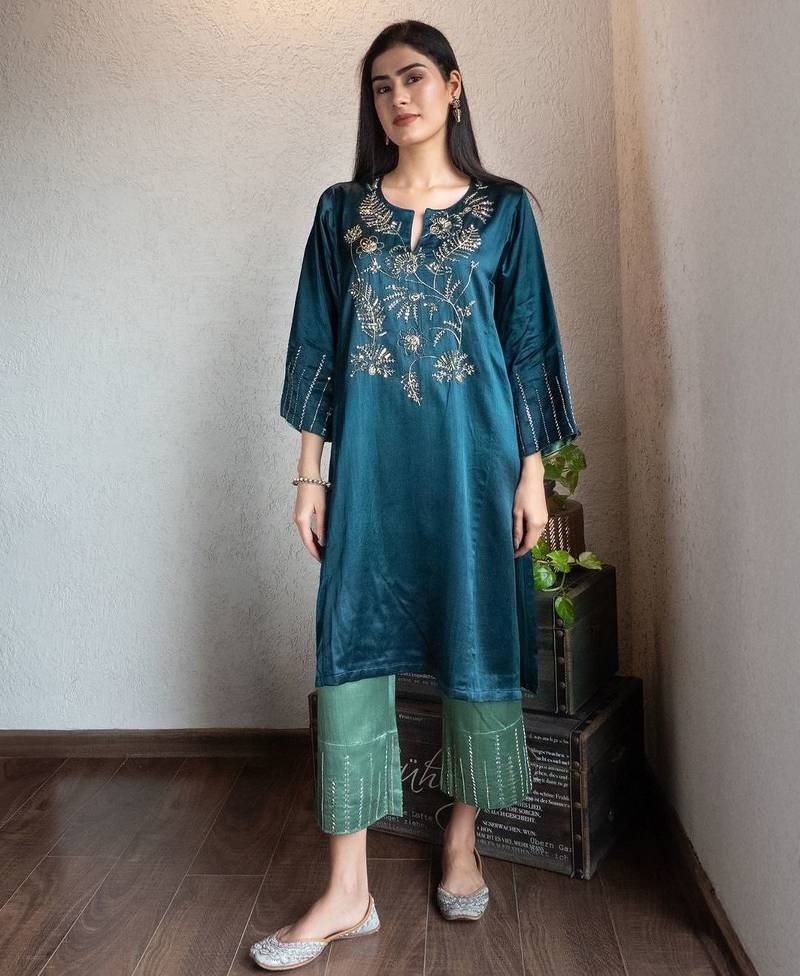 Teal mashru embroidered kurta set with wide-leg pants, stitched