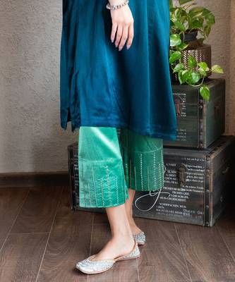 Teal mashru embroidered kurta set with wide-leg pants, stitched 3
