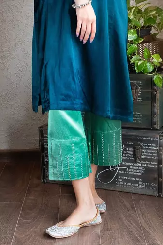 Teal mashru embroidered kurta set with wide-leg pants, stitched