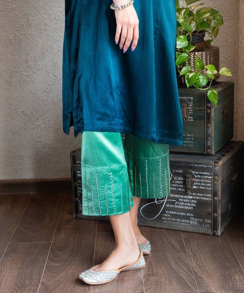 Teal mashru embroidered kurta set with wide-leg pants, stitched