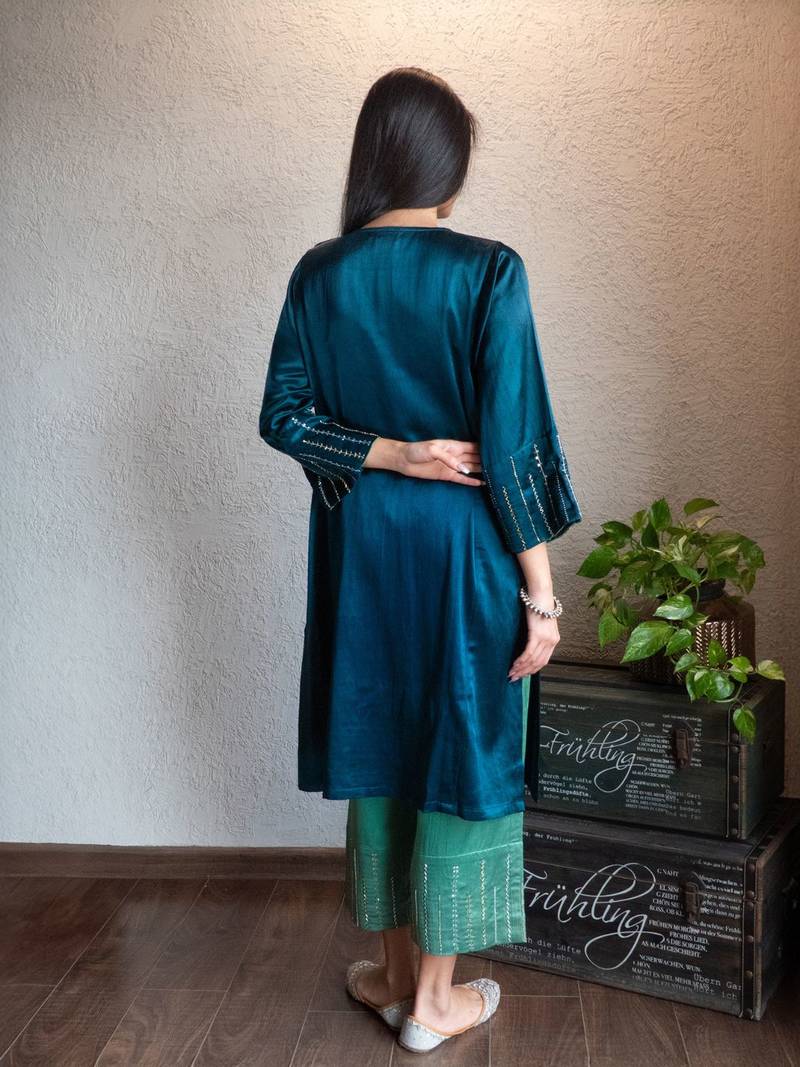 Teal mashru embroidered kurta set with wide-leg pants, stitched