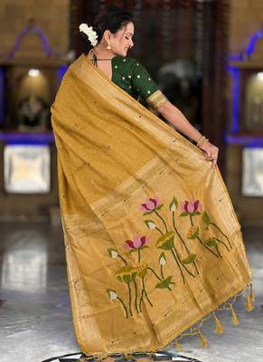 Lemon cotton silk saree with colorful floral weaving pallu with blouse 2