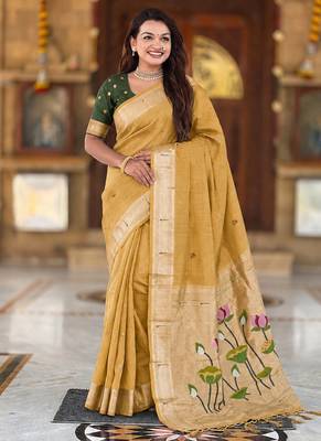 Lemon cotton silk saree with colorful floral weaving pallu with blouse 3