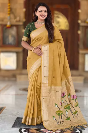 Lemon cotton silk saree with colorful floral weaving pallu with blouse