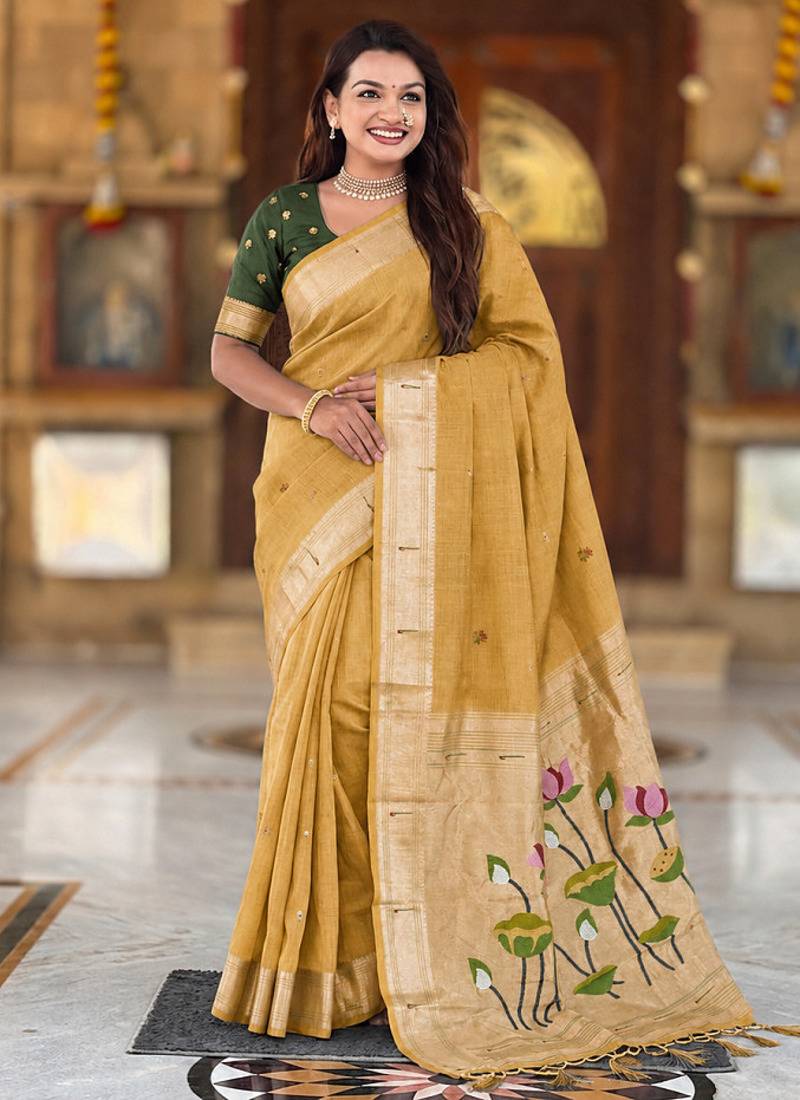 Lemon cotton silk saree with colorful floral weaving pallu with blouse