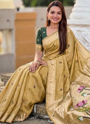 Lemon cotton silk saree with colorful floral weaving pallu with blouse 4