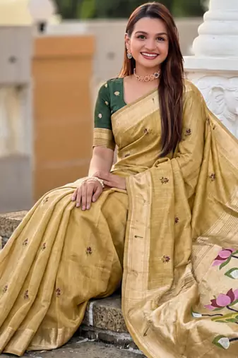 Lemon cotton silk saree with colorful floral weaving pallu with blouse