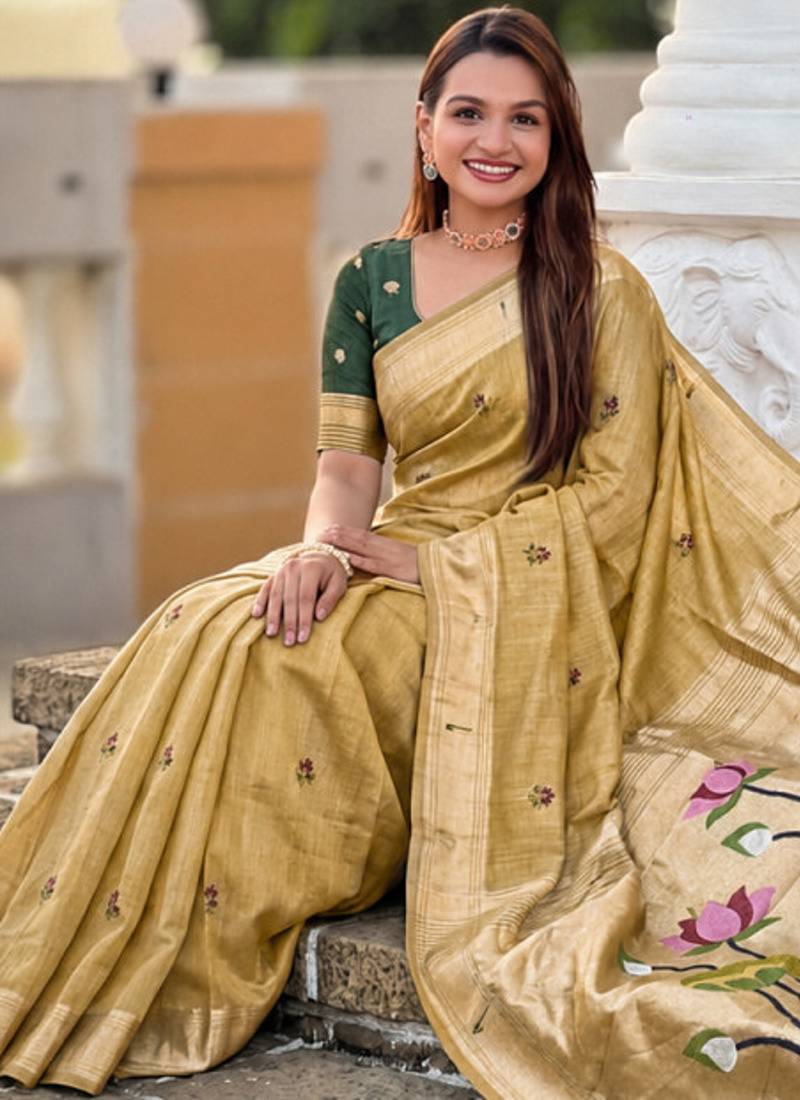 Lemon cotton silk saree with colorful floral weaving pallu with blouse