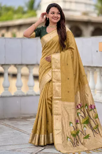 Lemon cotton silk saree with colorful floral weaving pallu with blouse