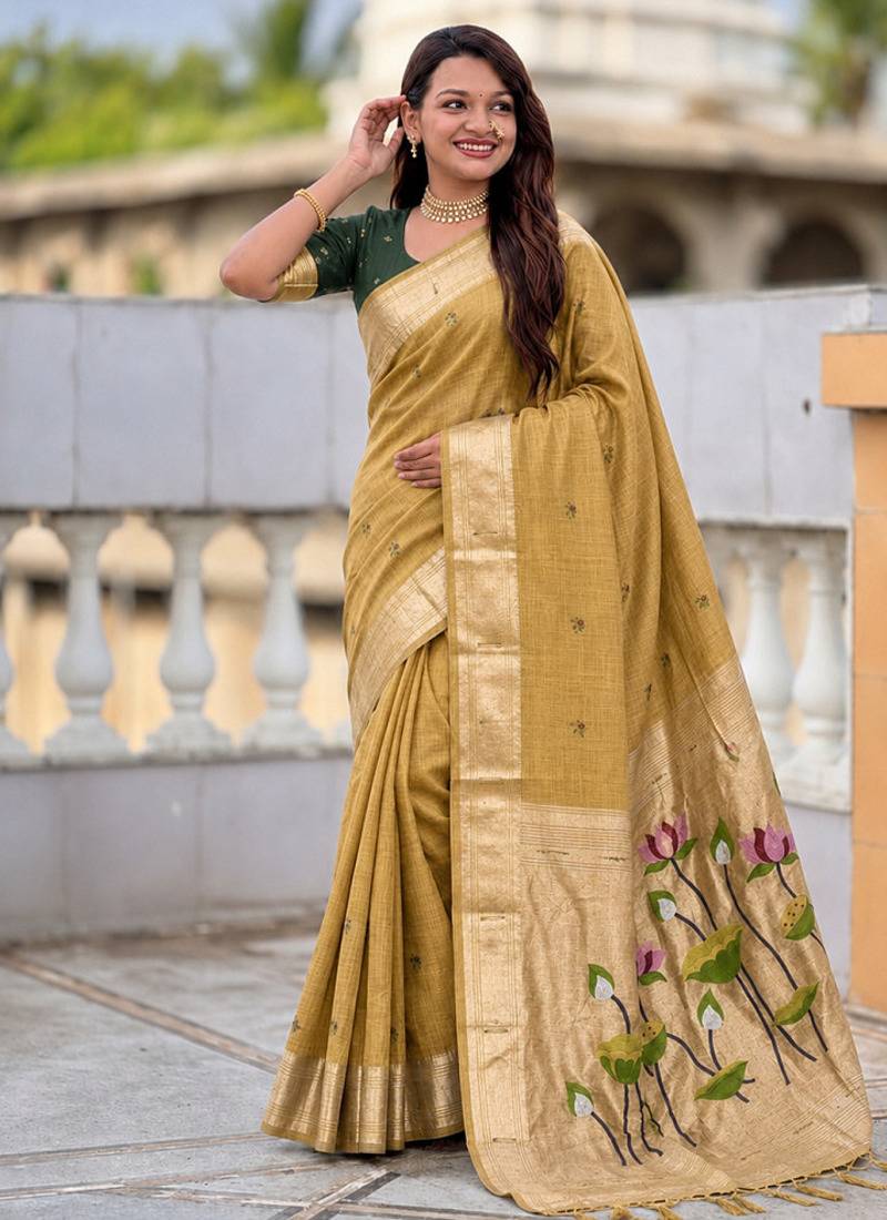 Lemon cotton silk saree with colorful floral weaving pallu with blouse