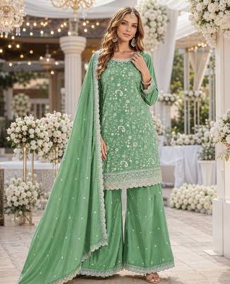 green embroidered chinon silk blend  semi stitched palazzo suit 1