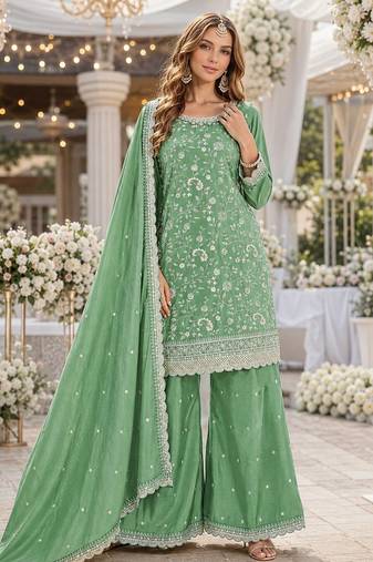 green embroidered chinon silk blend  semi stitched palazzo suit