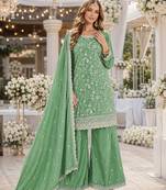 green embroidered chinon silk blend  semi stitched palazzo suit