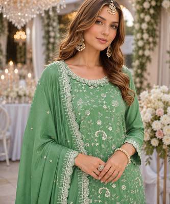 green embroidered chinon silk blend  semi stitched palazzo suit 2