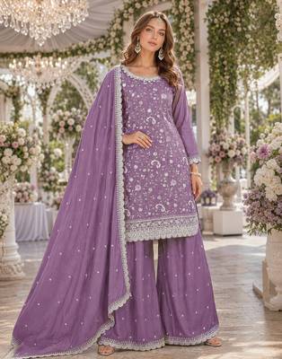 lavender embroidered chinon silk blend  semi stitched palazzo suit 1