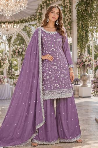 lavender embroidered chinon silk blend  semi stitched palazzo suit