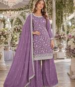 lavender embroidered chinon silk blend  semi stitched palazzo suit