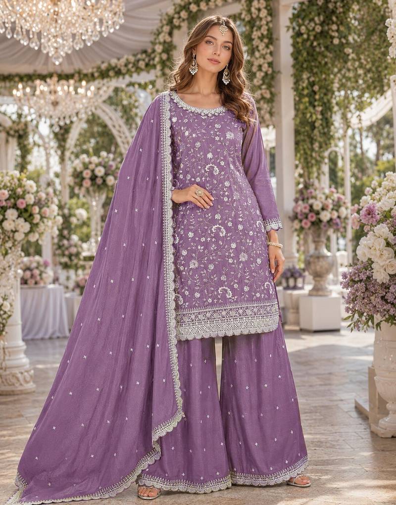 lavender embroidered chinon silk blend  semi stitched palazzo suit