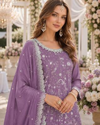 lavender embroidered chinon silk blend  semi stitched palazzo suit 2