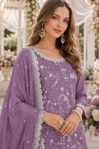 lavender embroidered chinon silk blend semi stitched palazzo suit