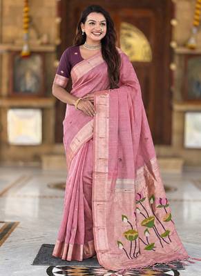 Pink cotton silk saree with colorful floral weaving pallu with blouse 1