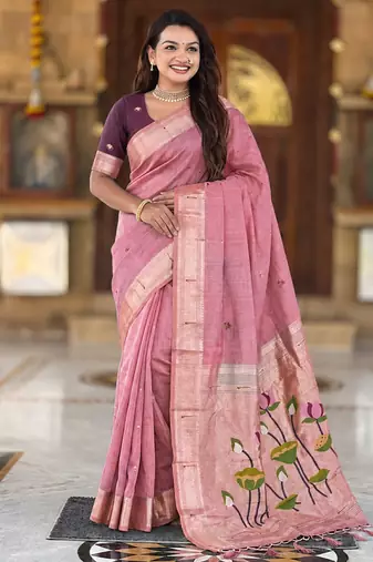 Pink cotton silk saree with colorful floral weaving pallu with blouse