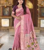 Pink cotton silk saree with colorful floral weaving pallu with blouse